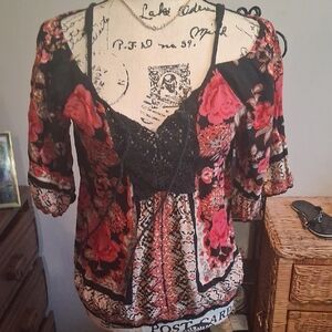 ANGIE Floral Black and Red Women's Boho  Top Size L (RUNS SMALL)
